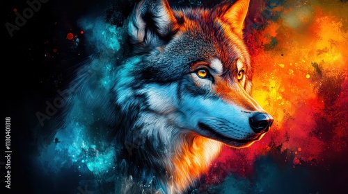 Wolf portrait with vibrant colorful background. photo