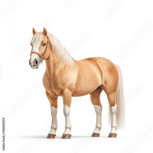 A beautiful palomino Haflinger horse stands proudly, showcasing its stunning golden coat and flowing mane against a clean background.