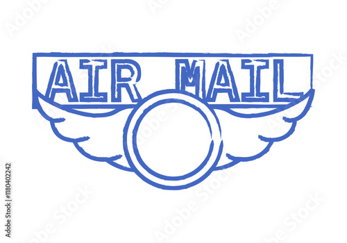 Sello azul con alas y texto de correo postal aéreo 