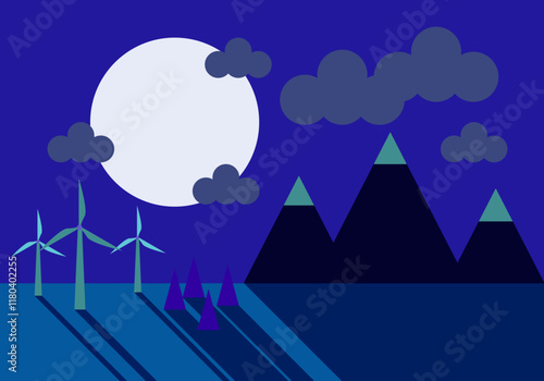 Paisaje nocturno de montaña con bosque y aerogeneradores con luna