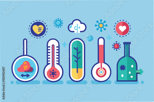 sleek infographic showing the progression of symptoms over days using icons like thermometer for fever and lungs for breathing difficulties clipart vector