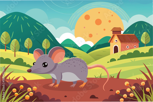 rural landscape with field mouse as the focal point symbolizing the natural host of the Hantahmpv virus with subtle hmpv virus particles floating in the background clipart vector