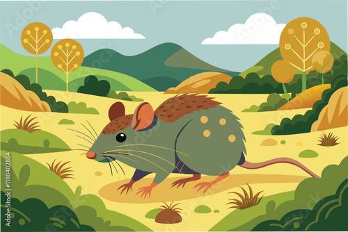 rural landscape with field mouse as the focal point symbolizing the natural host of the Hantahmpv virus with subtle hmpv virus particles floating in the background clipart vector