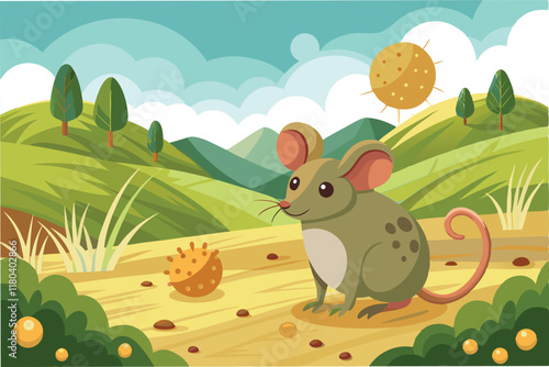 rural landscape with field mouse as the focal point symbolizing the natural host of the Hantahmpv virus with subtle hmpv virus particles floating in the background clipart vector