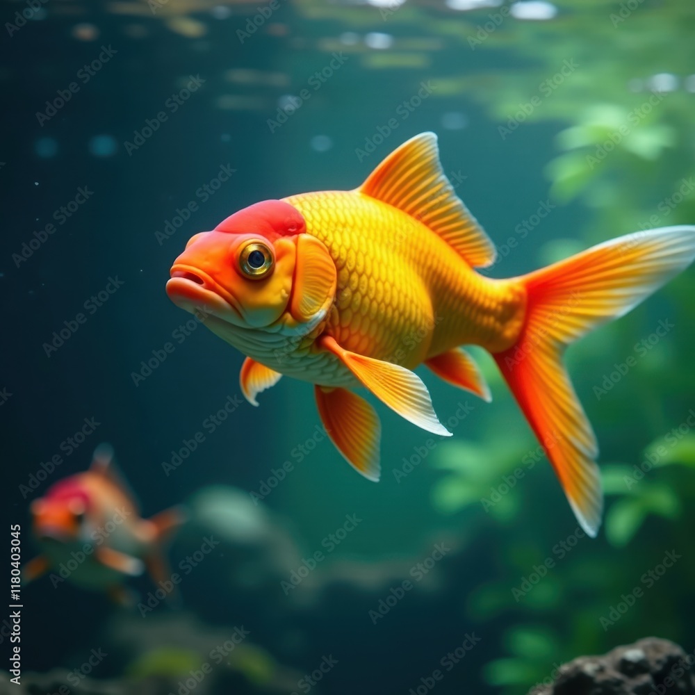 Naklejka premium Vibrant gold and orange fish gliding through water, fins, underwater
