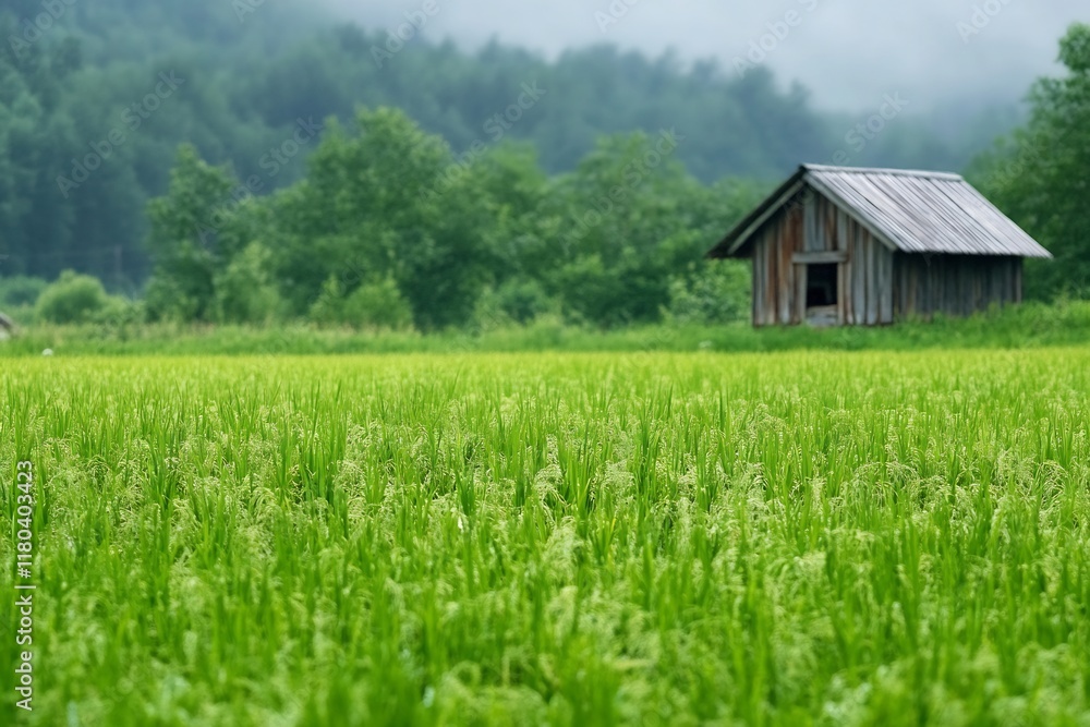 Lush green rice field with a rustic wooden house in the background. Lush green rice field with a rustic wooden house in the background.