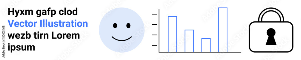 happy face beside bar chart and padlock. Elements together signify protection, data analysis, happiness. Ideal for data privacy, user experience, security, analytics, digital safety online happy face beside bar chart and padlock. Elements together signify protection, data analysis, happiness. Ideal for data privacy, user experience, security, analytics, digital safety online