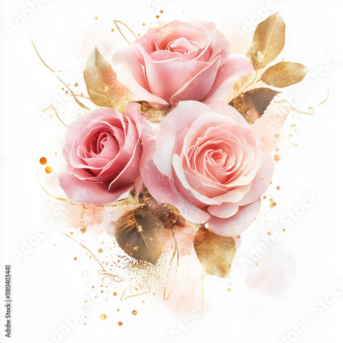 Composição floral, rosas com detalhes dourados e gliter em um fundo branco	
