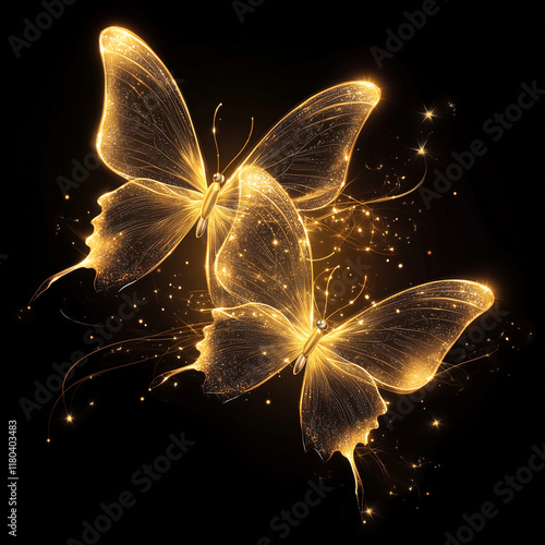 Plano de fundo com borboletas douradasl e uminosas, muita magia com luz brilhante, gliter sobre fundo preto