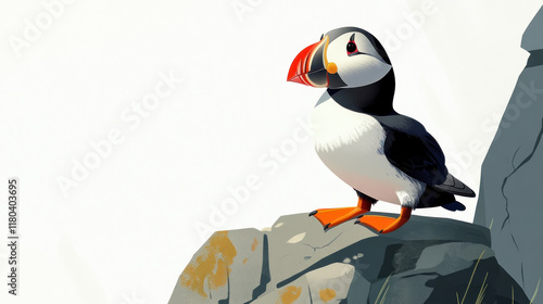 Puffin perched on a rock, looking to the left, against a white background. photo