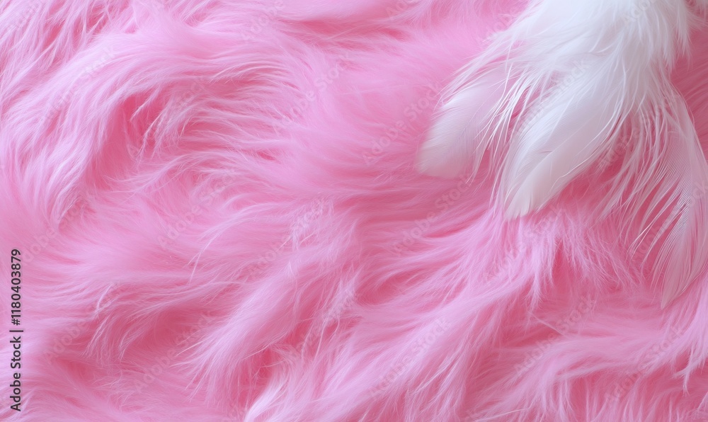 A soft pink fur background with a white fluffy paw. A soft pink fur background with a white fluffy paw.