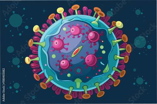 Microscopic view of hmpv virus cells with glowing green and blue hues, on dark scientific background clipart vector