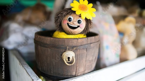 Wooden barrel doll with yellow flower headband. photo