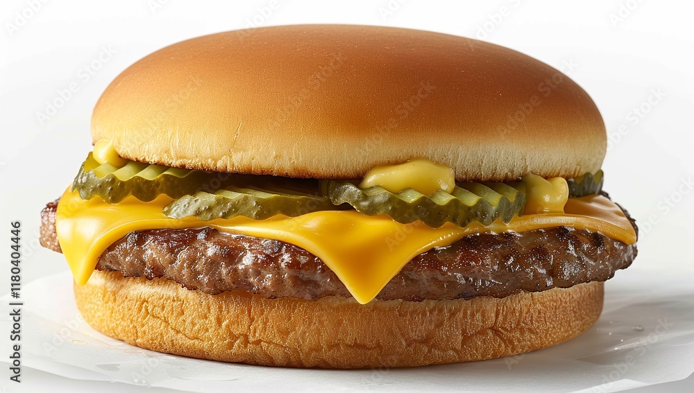 Juicy cheeseburger with melted cheese and pickles on a sesame seed bun. Classic comfort food! Juicy cheeseburger with melted cheese and pickles on a sesame seed bun. Classic comfort food!