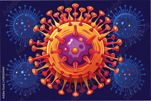 Microscopic view of hmpv virus inside human cell, vibrant colors, highly detailed, futuristic sci fi aesthetic clipart vector