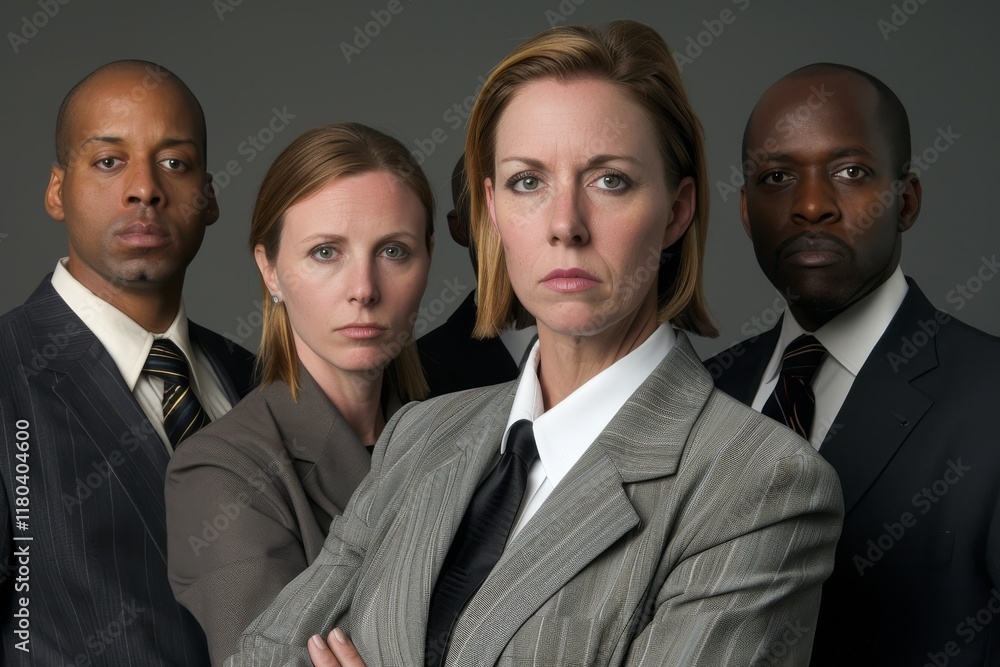Group of business people with serious expressions in front of a grey background Group of business people with serious expressions in front of a grey background