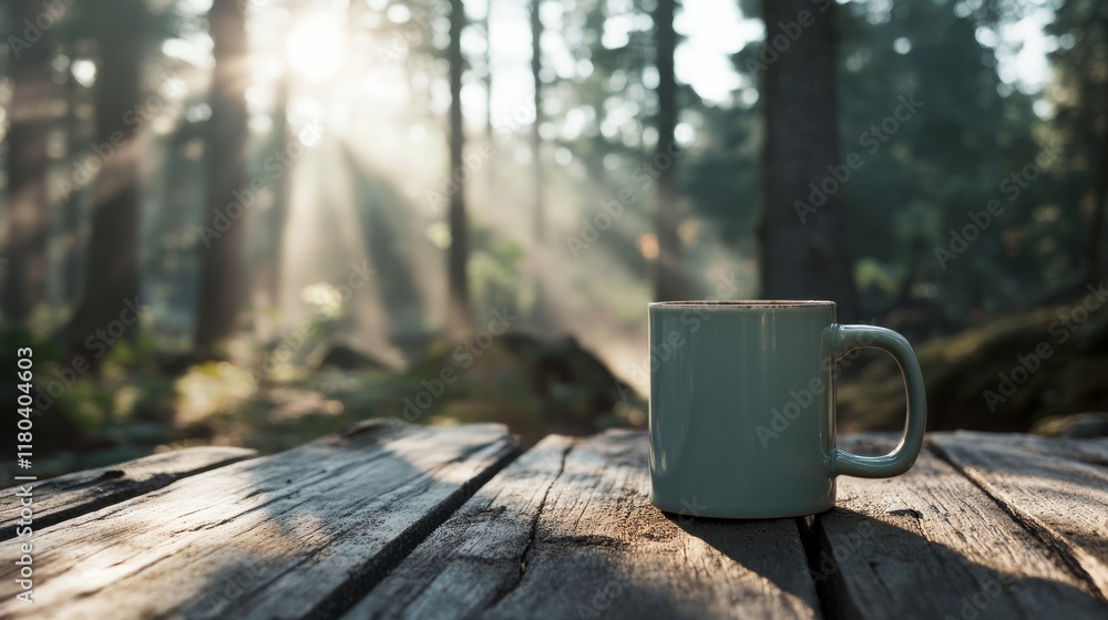Fototapeta premium Sunlight breaks through forest trees, illuminating a solitary mug on a rustic wooden table, creating a serene connection with nature.