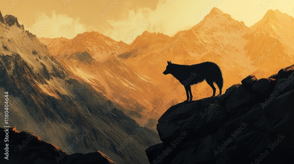 german shepherd fused with the high alpine ridges in the golden hour, generative ai