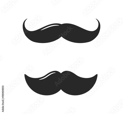 Two black mustache designs in a simple style, displayed on a clean white background. Represents grooming, fashion, or facial hair concepts. Vector illustration
