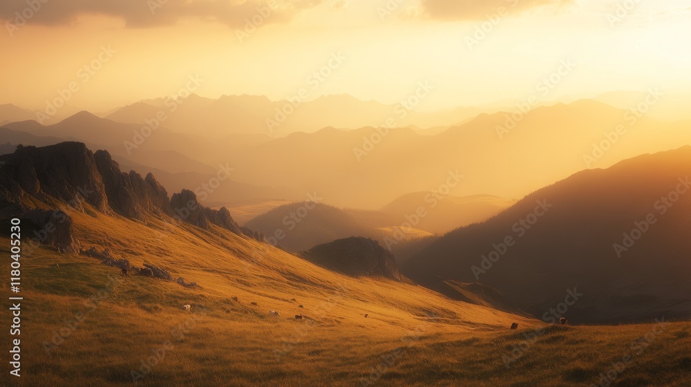 Naklejka premium german shepherd fused with the high alpine ridges in the golden hour, generative ai