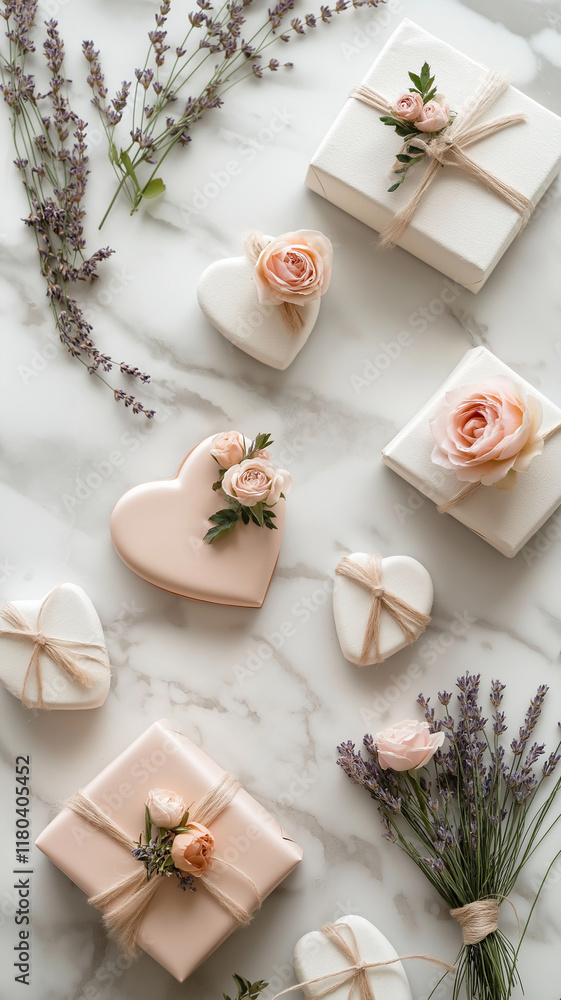 A white box with a pink heart on it is surrounded by other white boxes A white box with a pink heart on it is surrounded by other white boxes