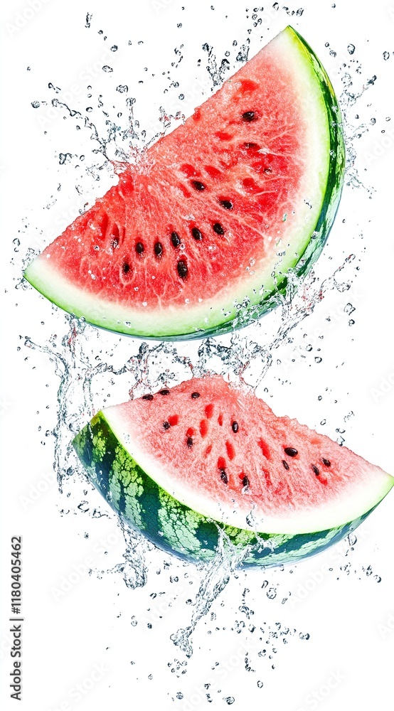 Two juicy watermelon slices splashing in water. Refreshing summer vibes! Two juicy watermelon slices splashing in water. Refreshing summer vibes!
