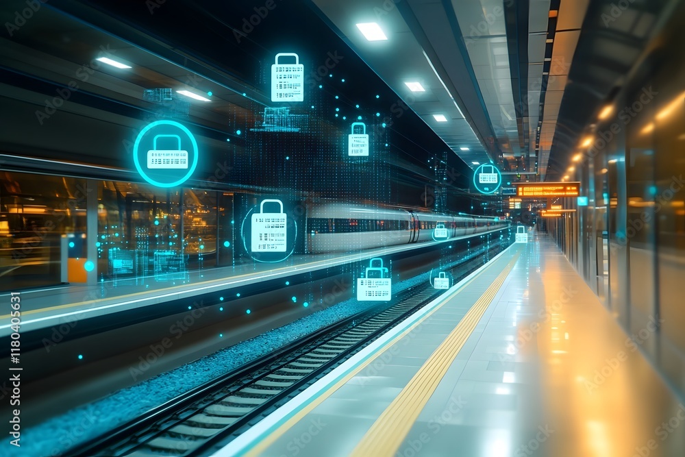 Futuristic High Speed Train Station with Floating Digital Icons Futuristic High Speed Train Station with Floating Digital Icons