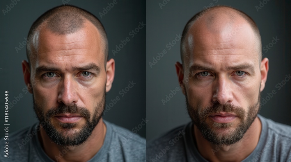 Hair Loss, Portrait And Man With Before And After For Results Of Stress, Cancer Or Depression In Men. Bald, Cosmetics And Skin By Scalp With Alopecia For Hairline Transplant Hair Loss, Portrait And Man With Before And After For Results Of Stress, Cancer Or Depression In Men. Bald, Cosmetics And Skin By Scalp With Alopecia For Hairline Transplant