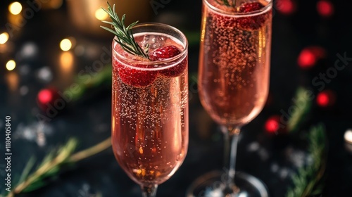 Elegant sparkling cocktails served in tall crystal glasses with festive garnishes like rosemary sprigs creating a dazzling and celebratory atmosphere perfect for holiday parties events photo