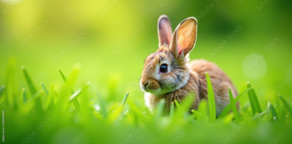 Fototapeta premium A gentle bunny rabbit is nestled among the soft blades of tall grass, green, bunny, field