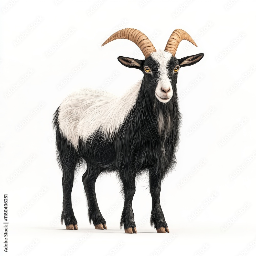 A close-up of a black and white LaMancha goat with prominent horns, showcasing its unique features and playful personality. A close-up of a black and white LaMancha goat with prominent horns, showcasing its unique features and playful personality.