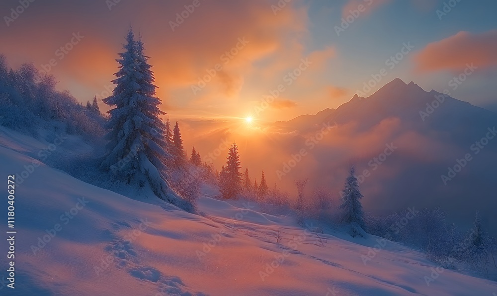 Carpathian Mountain Landscape Featuring Snow-Capped Fir Trees in a Stunning Winter Sunrise Carpathian Mountain Landscape Featuring Snow-Capped Fir Trees in a Stunning Winter Sunrise