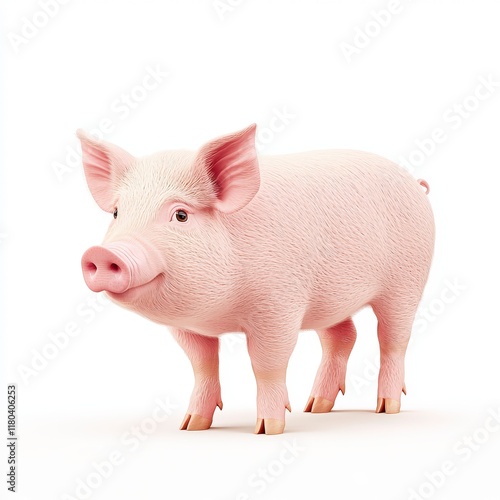 A cheerful pink Tamworth pig stands on white background, showcasing its cute features and playful personality, perfect for farm or animal-themed projects. photo