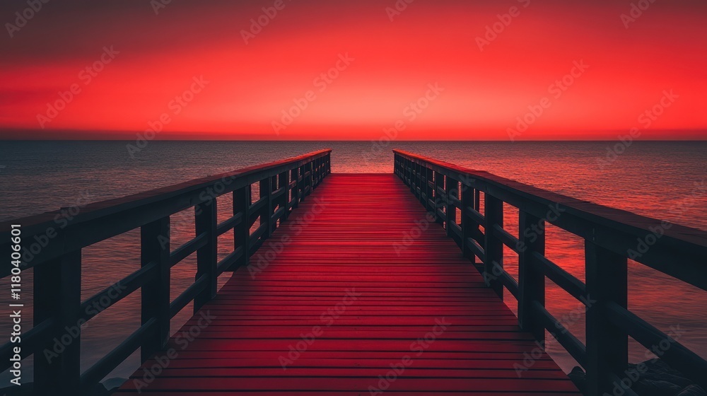 Obraz premium Red pier sunset ocean calmness coastal serenity