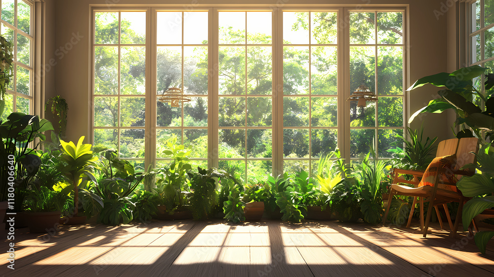 Tranquil indoor sunroom with huge windows overlooking lush greenery. Solarchime. Illustration Tranquil indoor sunroom with huge windows overlooking lush greenery. Solarchime. Illustration