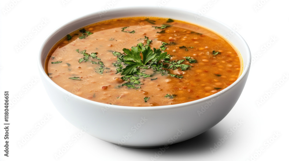 Red lentil soup in a white bowl, garnished with parsley, isolated on white background. Red lentil soup in a white bowl, garnished with parsley, isolated on white background.
