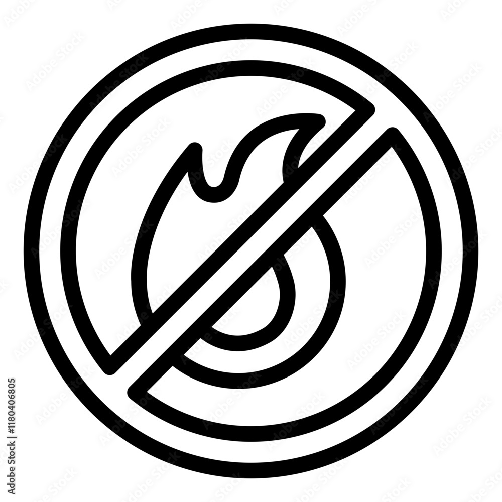 No fire safety outline icon for areas with flammable materials, emphasizing fire safety No fire safety outline icon for areas with flammable materials, emphasizing fire safety