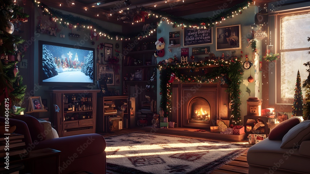 Obraz premium Cozy Christmas Living Room with Festive Decorations and Fireplace