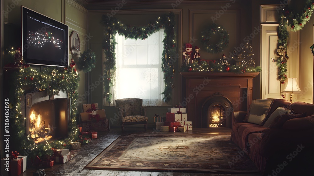 custom made wallpaper toronto digitalCozy Christmas Living Room with Festive Decorations and Fireplace