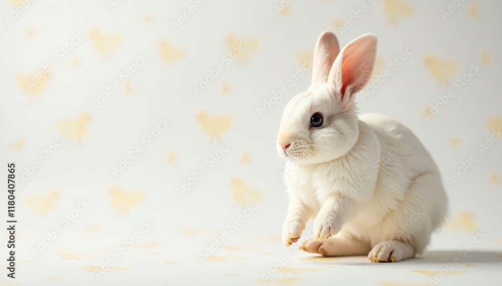 Obraz premium Fluffy Easter bunny hopping on a white chick-patterned background , bunny, clean, innocent