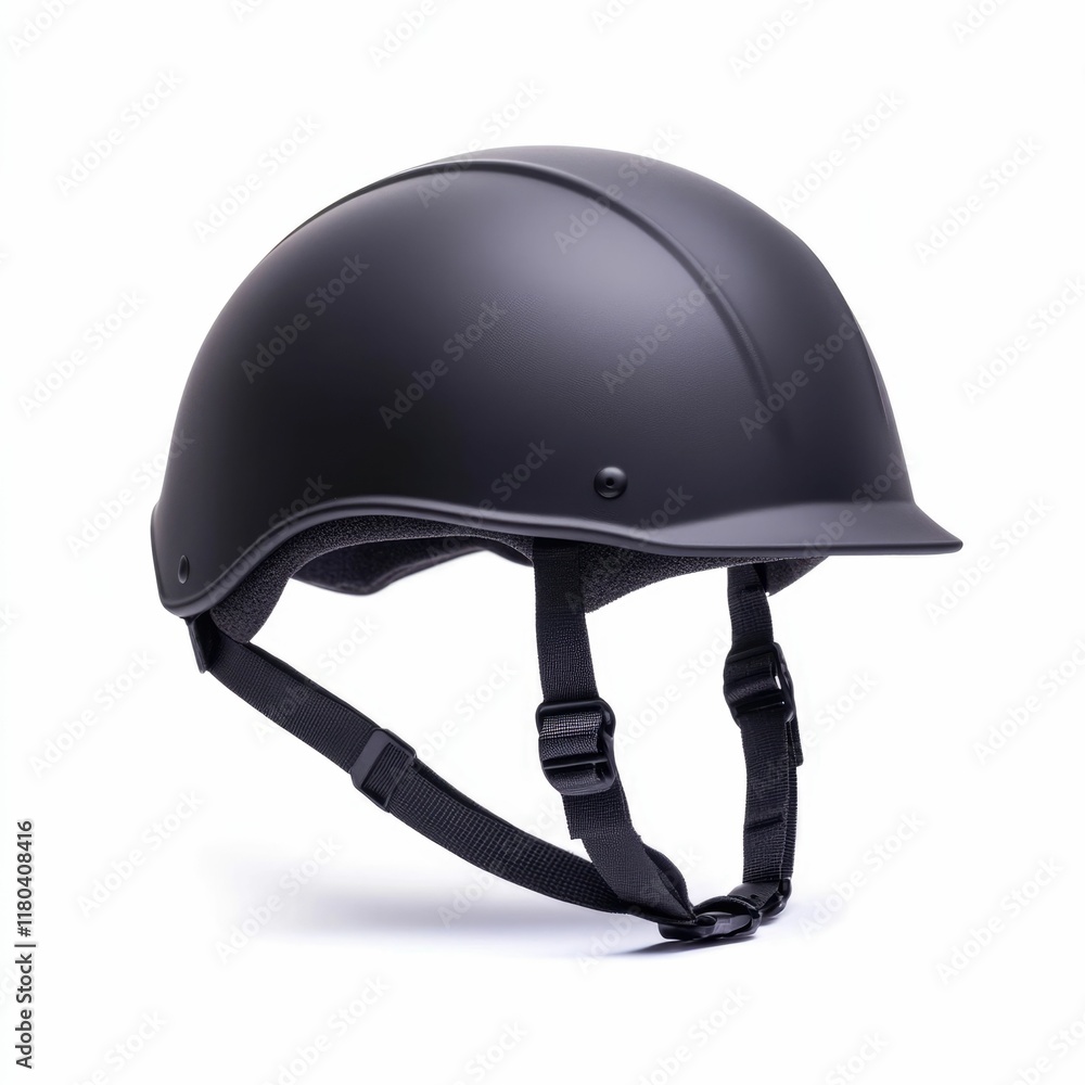 Naklejka premium Sleek Black Matte Sports Helmet on White Background Modern Protective Gear for Athletic Activities Equipment and Safety Minimalist Design with Isolated Product Photography