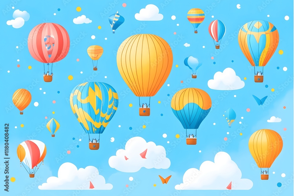 Naklejka premium Colorful Balloon Festival with Floating Icons of Air Balloons Clouds and Kites in the Sky