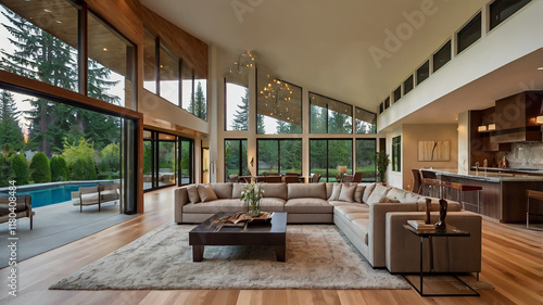 Large modern luxury living room interior in Bellevue home. photo