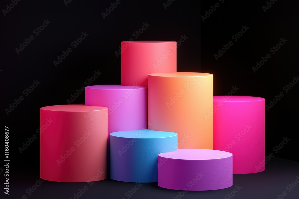 Colorful arrangement of geometric cylinders featuring smooth gradients and vibrant hues in an artistic composition against a contrasting dark background. Colorful arrangement of geometric cylinders featuring smooth gradients and vibrant hues in an artistic composition against a contrasting dark background.