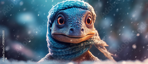 Colorful reptile wearing a cozy blue scarf in a snowy landscape