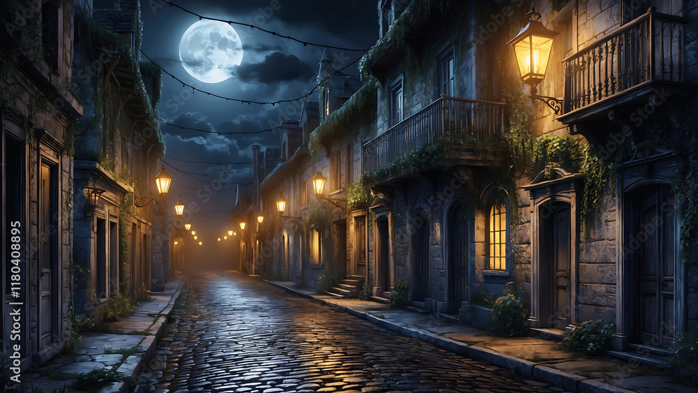 Fototapeta premium Mysterious Moonlit Cobblestone Street Nighttime European Village Scene