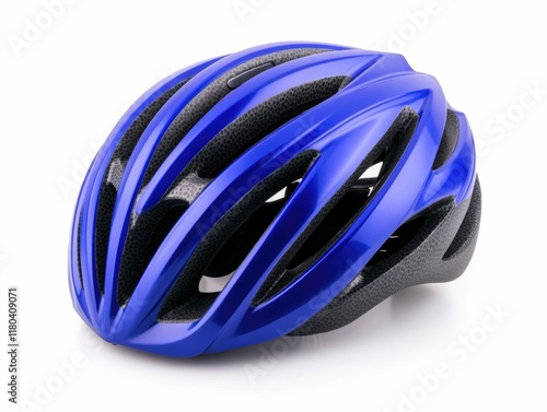 Aerodynamic cycling helmet with sleek and glossy blue and black finish designed for sports safety and protection  Isolated on a clean white background photo