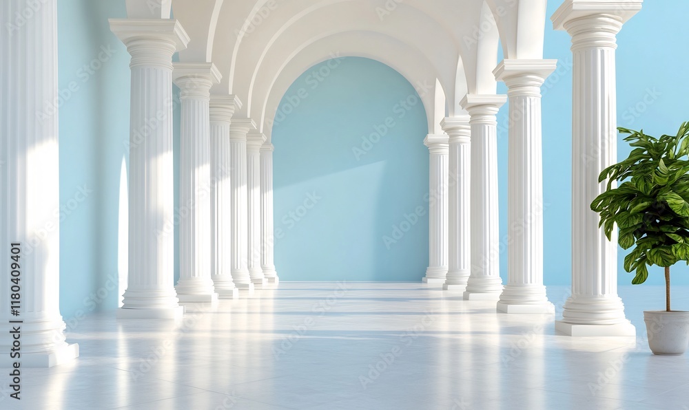 A serene interior with columns and a potted plant against a blue wall. A serene interior with columns and a potted plant against a blue wall.