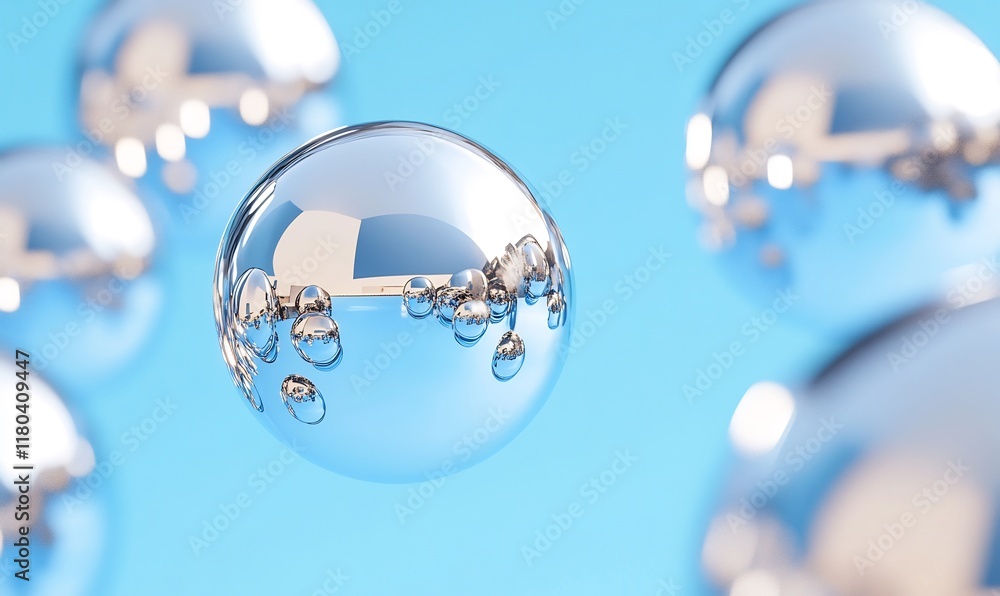 A cluster of reflective spheres against a light blue background. A cluster of reflective spheres against a light blue background.