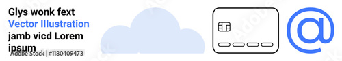 Cloud icon, credit card visual, blue email communication symbol, and text. Ideal for digital security, email communication, cloud technology, e-commerce, finance data storage and technology